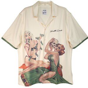 Shell Corp Shirt Men's 1X/2X Girls Skull Money Short Sleeve Stretch Button Up